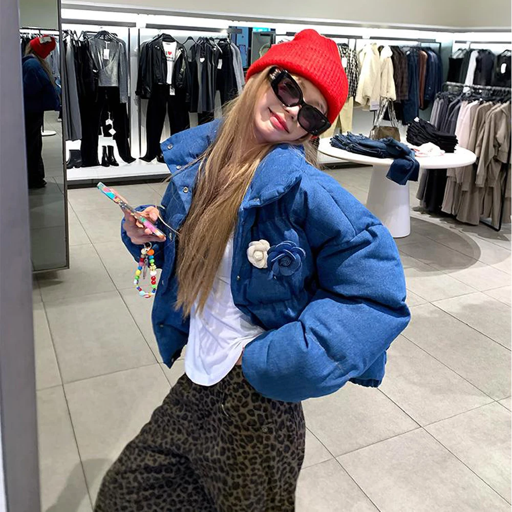 冬季美式辣妹短款棉服女时尚休闲宽松蓝色立领保暖学生棉衣外套