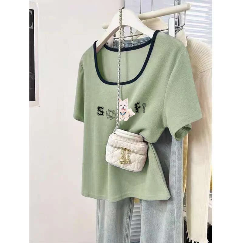 撞色正肩短袖T恤女2025夏季新款设计感小众休闲百搭方领口上衣潮