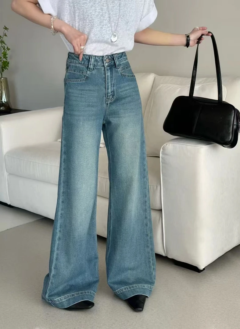 高端丹宁蓝牛仔阔腿裤女春季新款2025高腰A字拖地大裤脚休闲裤子