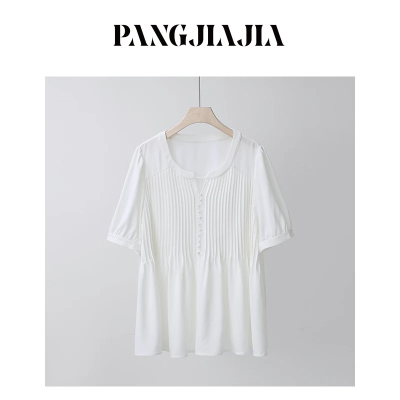 【胖佳佳】白玉兰 短袖衬衫夏季时尚法式压褶圆领小衫H624C01433