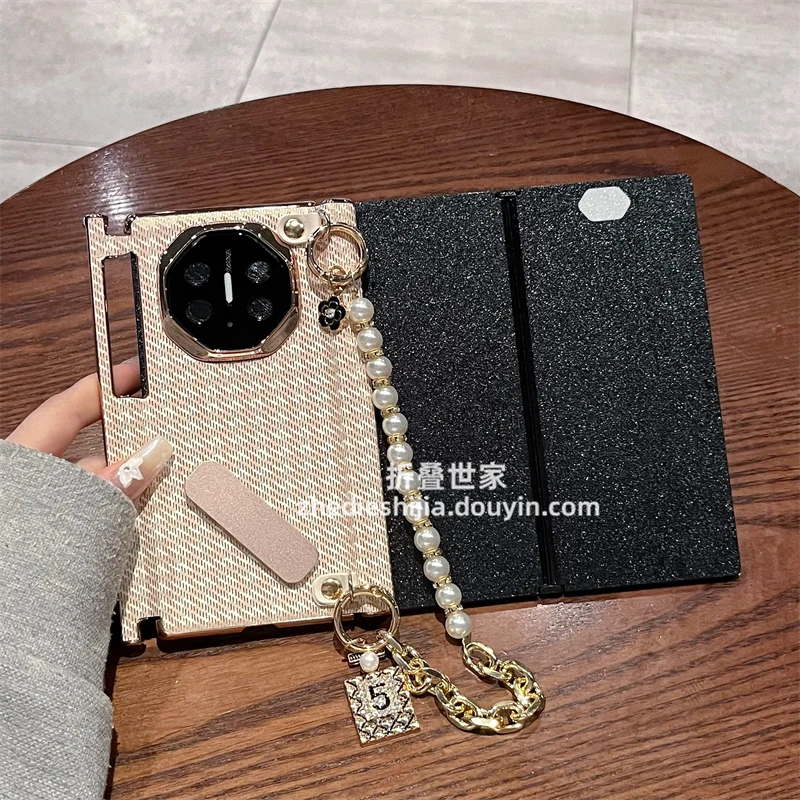 适用华为mate xts三折叠手机壳xt非凡大师千鸟格支架手提链双中轴