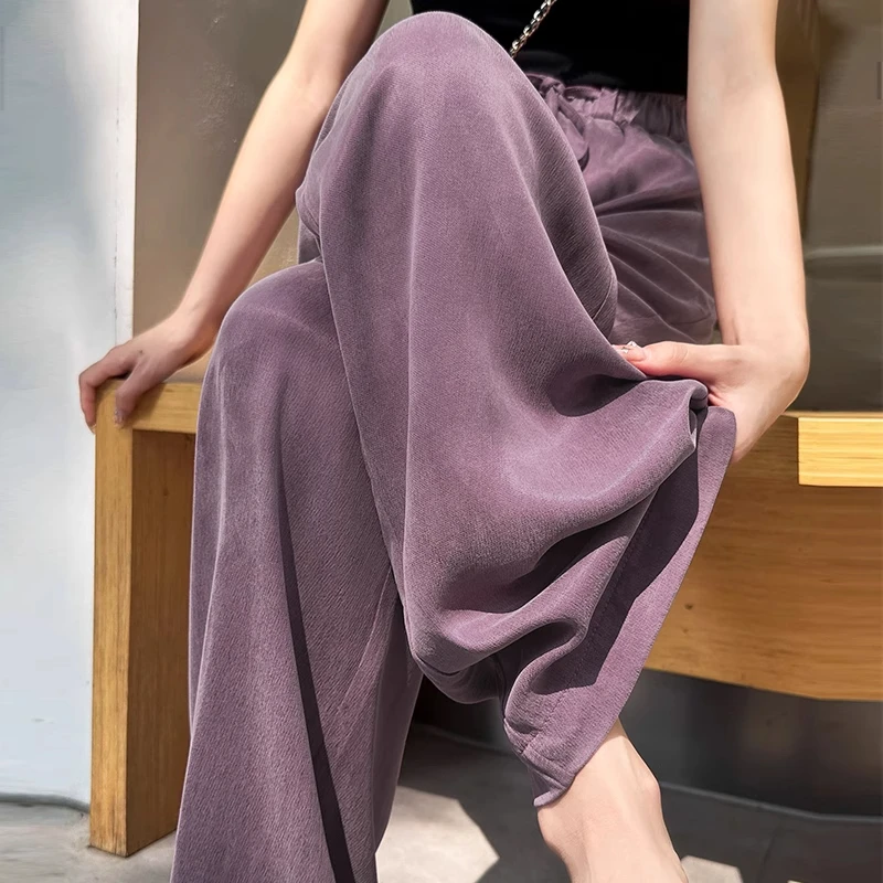 拉夏贝尔铜氨丝阔腿裤女2025夏季薄款高腰垂感窄版透气直筒休闲裤