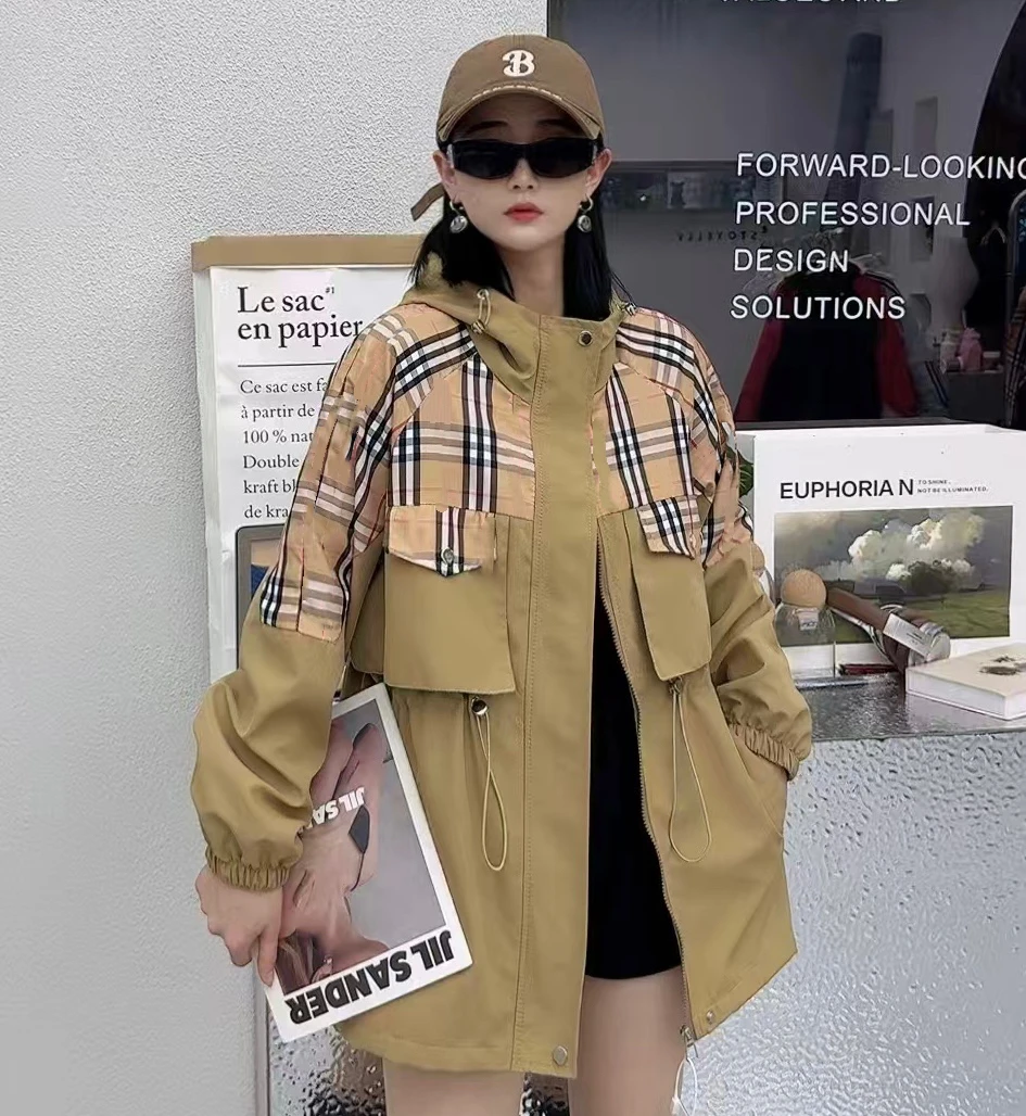 T986英伦风格轻奢时尚格子外套风衣连帽百搭上衣外套女