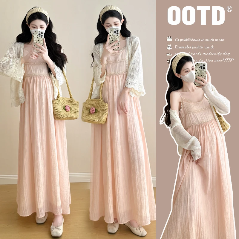 孕妇夏装2025夏季新款韩版时尚洋气韩版度假风粉色吊带裙花边外套