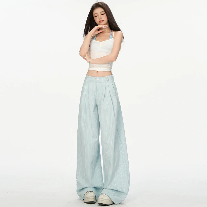 薄荷蓝肌理感垂感阔腿牛仔裤女2025秋季小众宽松显瘦拖地长裤