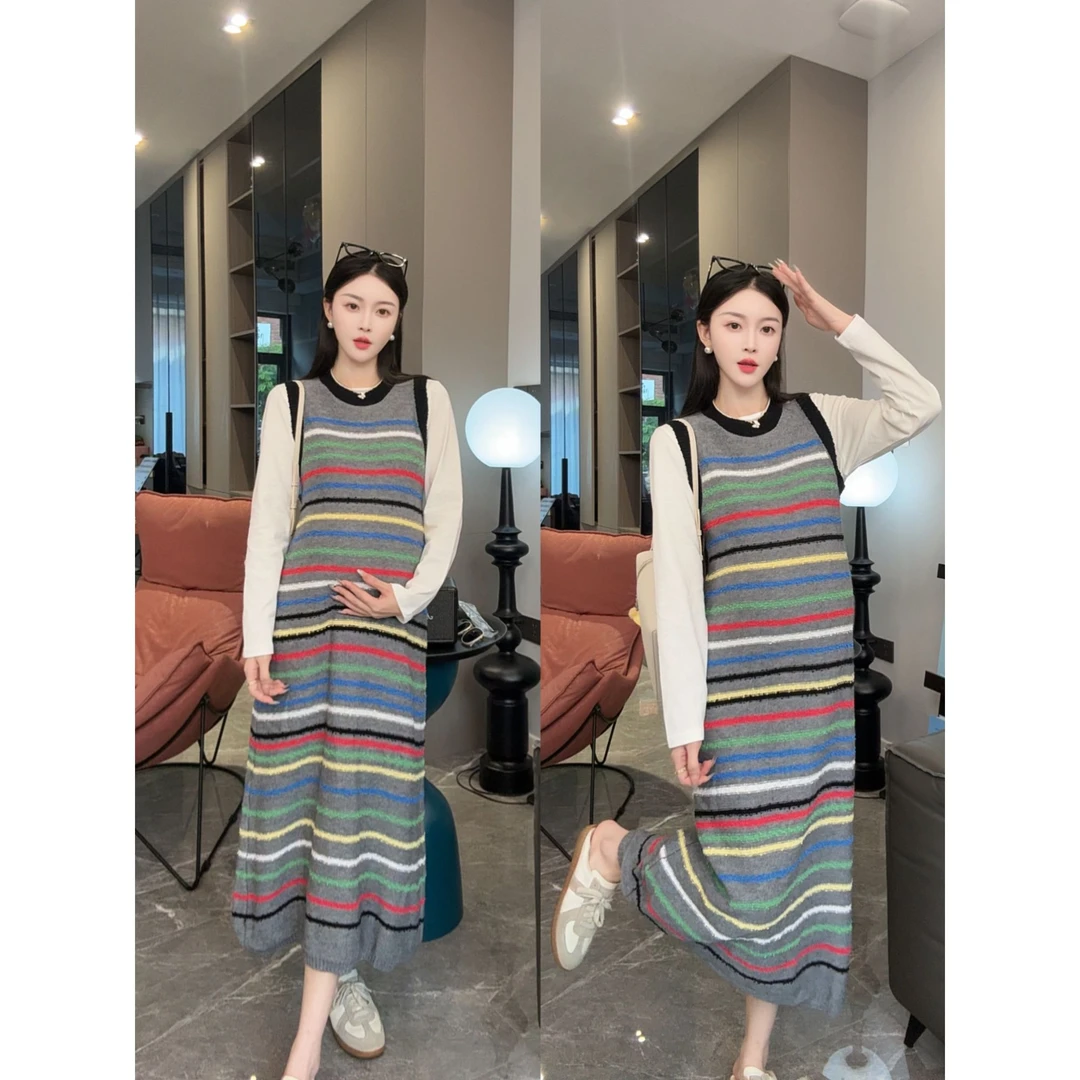 早秋孕妇装爆款大码洋气长裙秋装圆领条纹慵懒舒适打底上衣背心裙