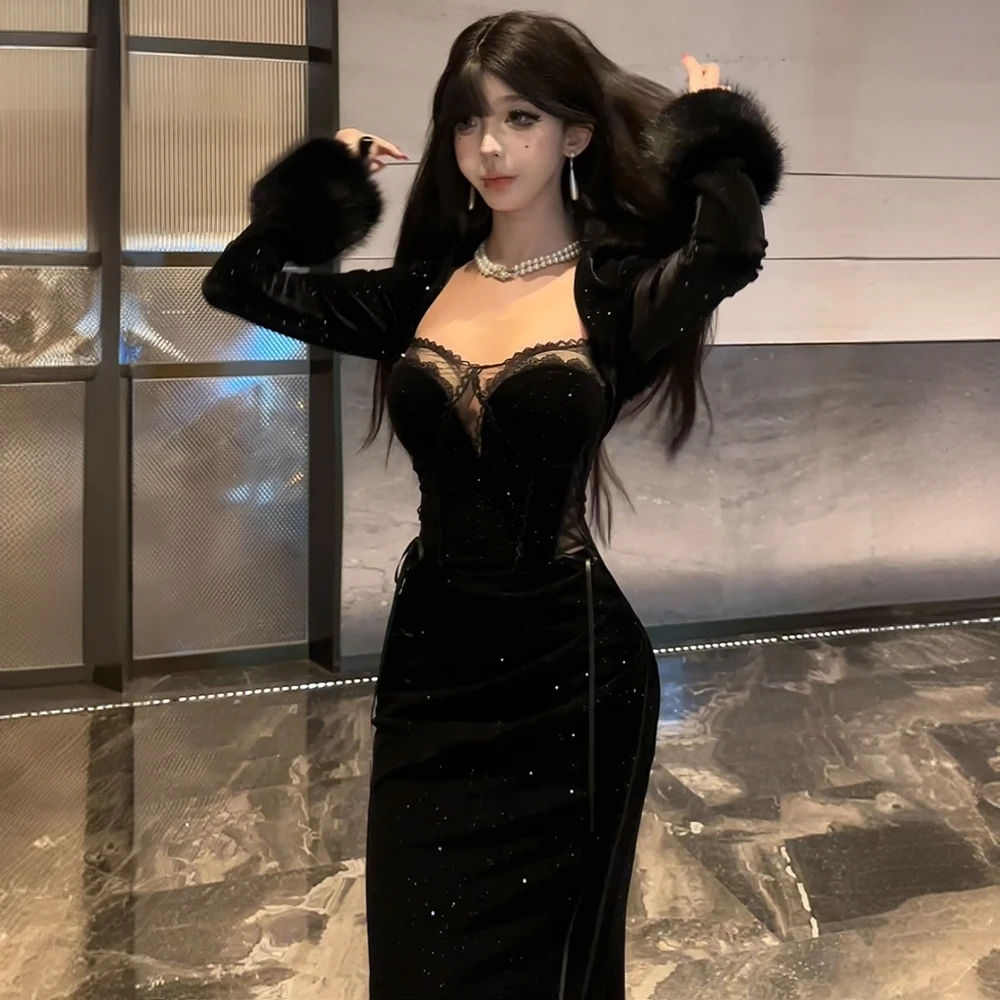 K6954千金感丝绒抹胸吊带连衣裙女春秋纯欲风气质收腰鱼尾裙套装