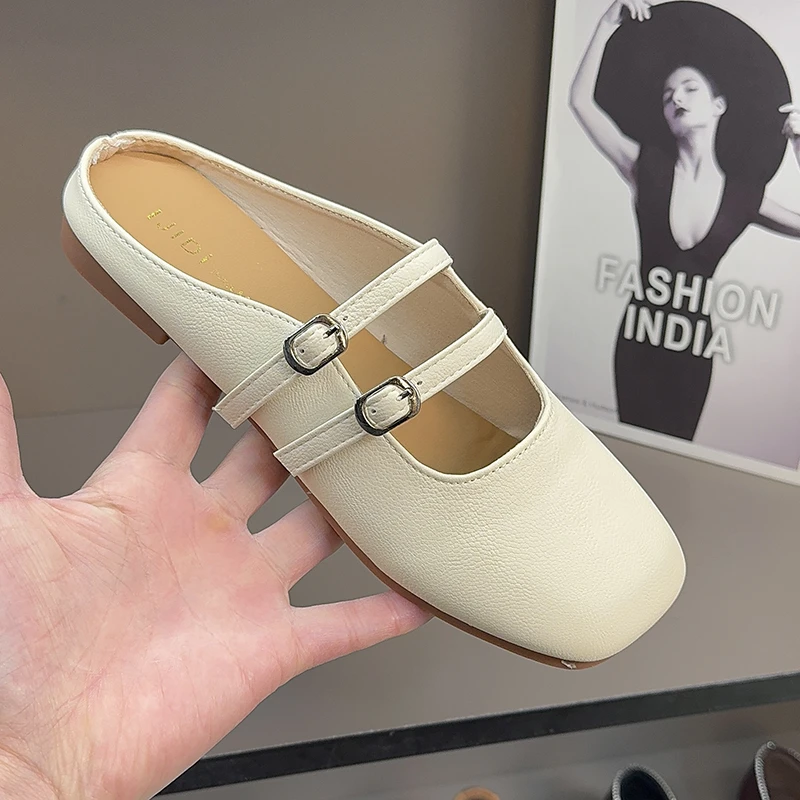 舒适软底百搭包头拖鞋女平底时尚一字扣方头凉拖女低跟女鞋