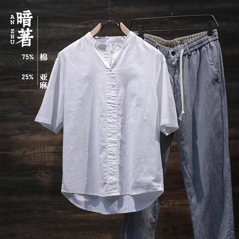 2025夏季新款中式立领棉麻短袖衬衫纯色打底衬衣~实体店同步上新