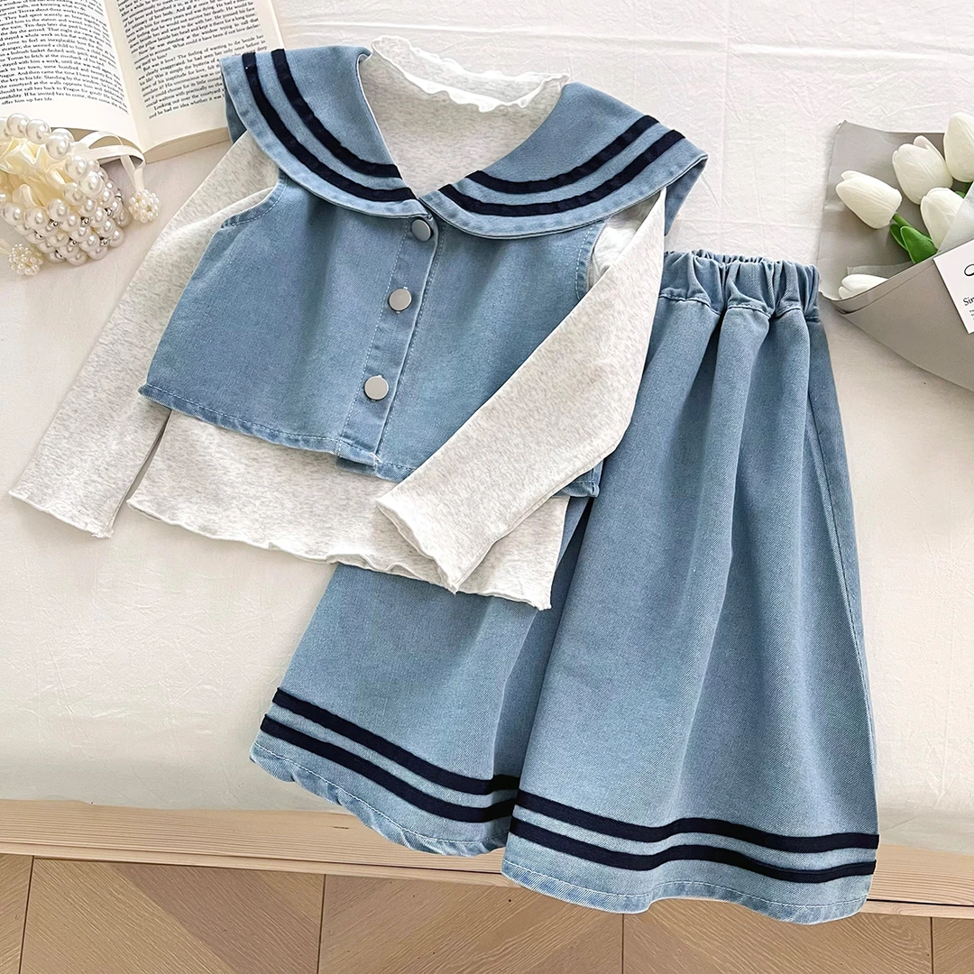 2025春季女童新款海军学院风牛仔内搭马甲半身裙洋气套装HZ0001