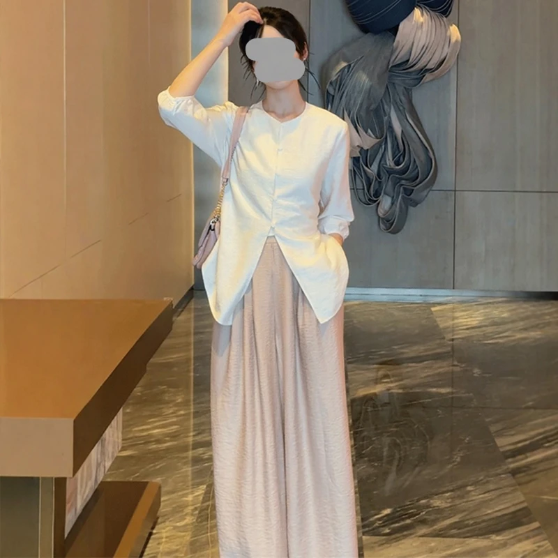 新中式国风设计感开叉七分袖衬衫宽松阔腿裤女夏季新款搭配一整套