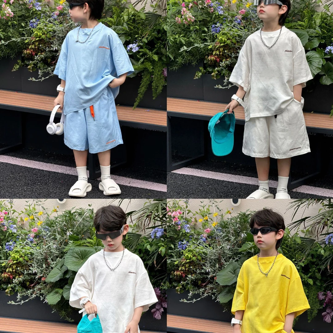 2025夏季新款韩版男童时尚麻棉透气套装儿童短袖T恤百搭短裤