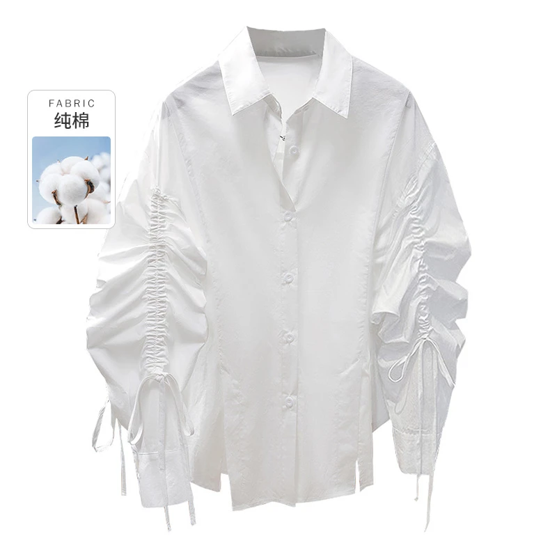 丝柏舍 2025欧若风纯棉夏季抽绳压褶款纯色翻领衬衫S51B0612C