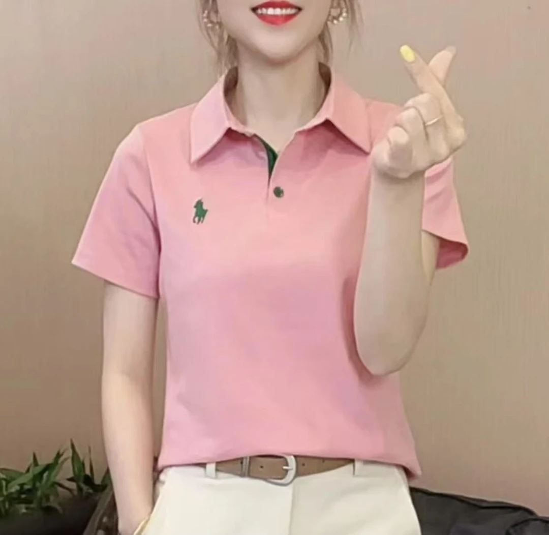 2025初夏精选设计感翻领刺绣拼色新款时尚休闲宽松短袖T恤上衣569