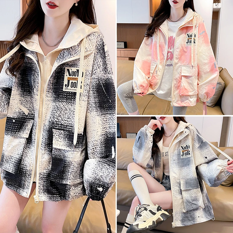 假两件工装外套少女春秋季2025新款宽松小香风格子连帽上衣ins潮