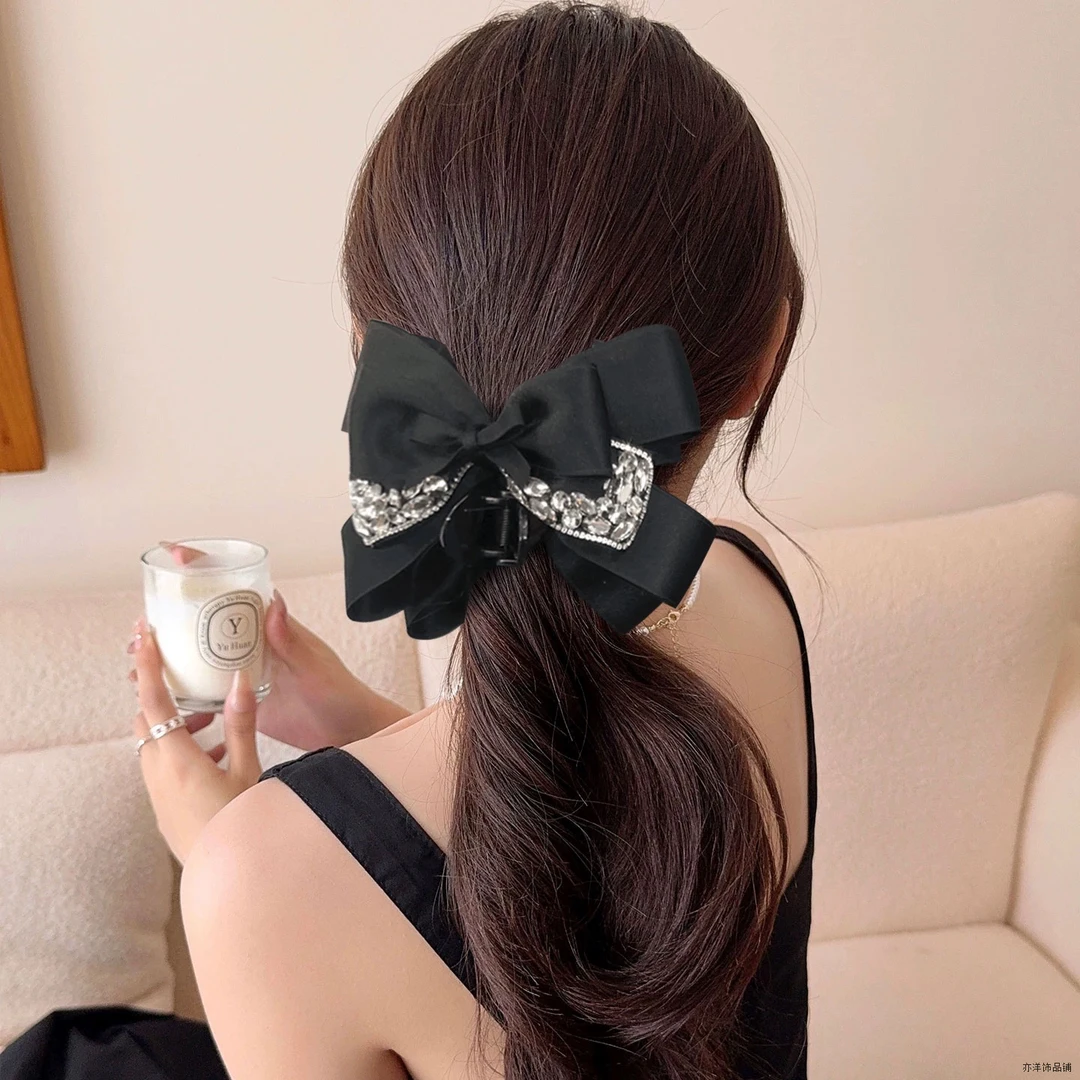 新款高级感黑色闪钻多层蝴蝶结抓夹时尚轻奢后脑袋盘发鲨鱼夹发卡
