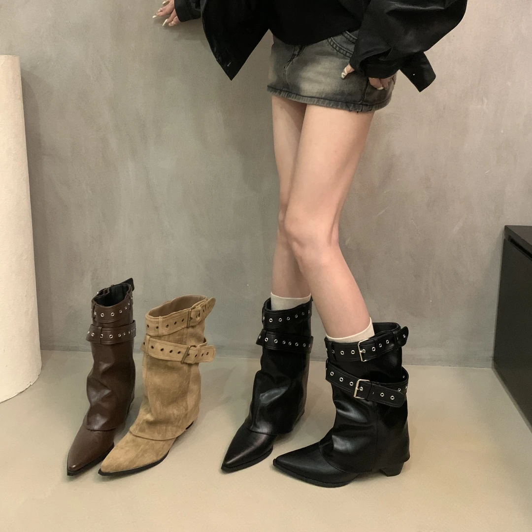 美式辣妹皮带扣裤管靴短筒靴女靴2025早秋新款小众设计短靴西部靴