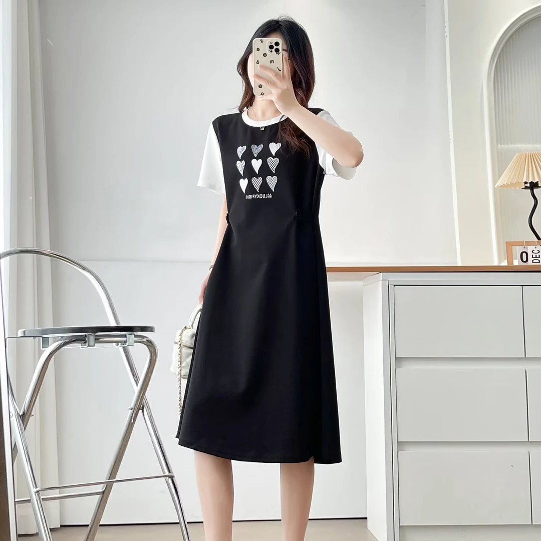 胖mm收腰显瘦印花连衣裙夏季宽松休闲百搭短袖圆领T恤裙大码女装