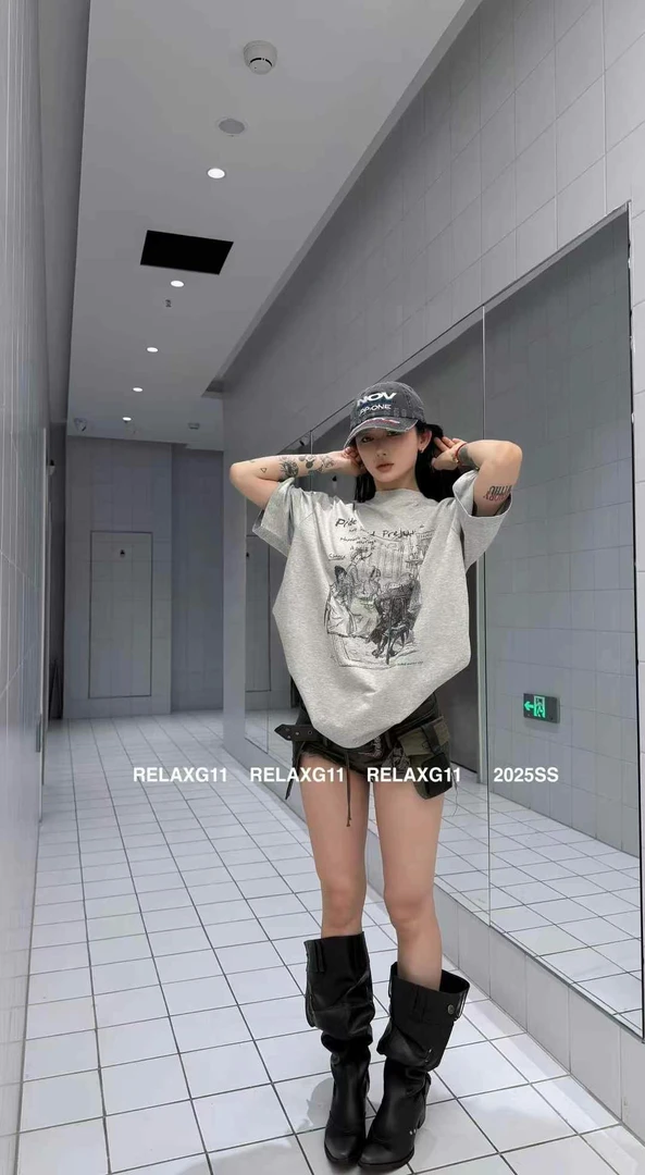 （韵宝定制）2025夏季简约百搭手绘印花短袖t恤无垫肩