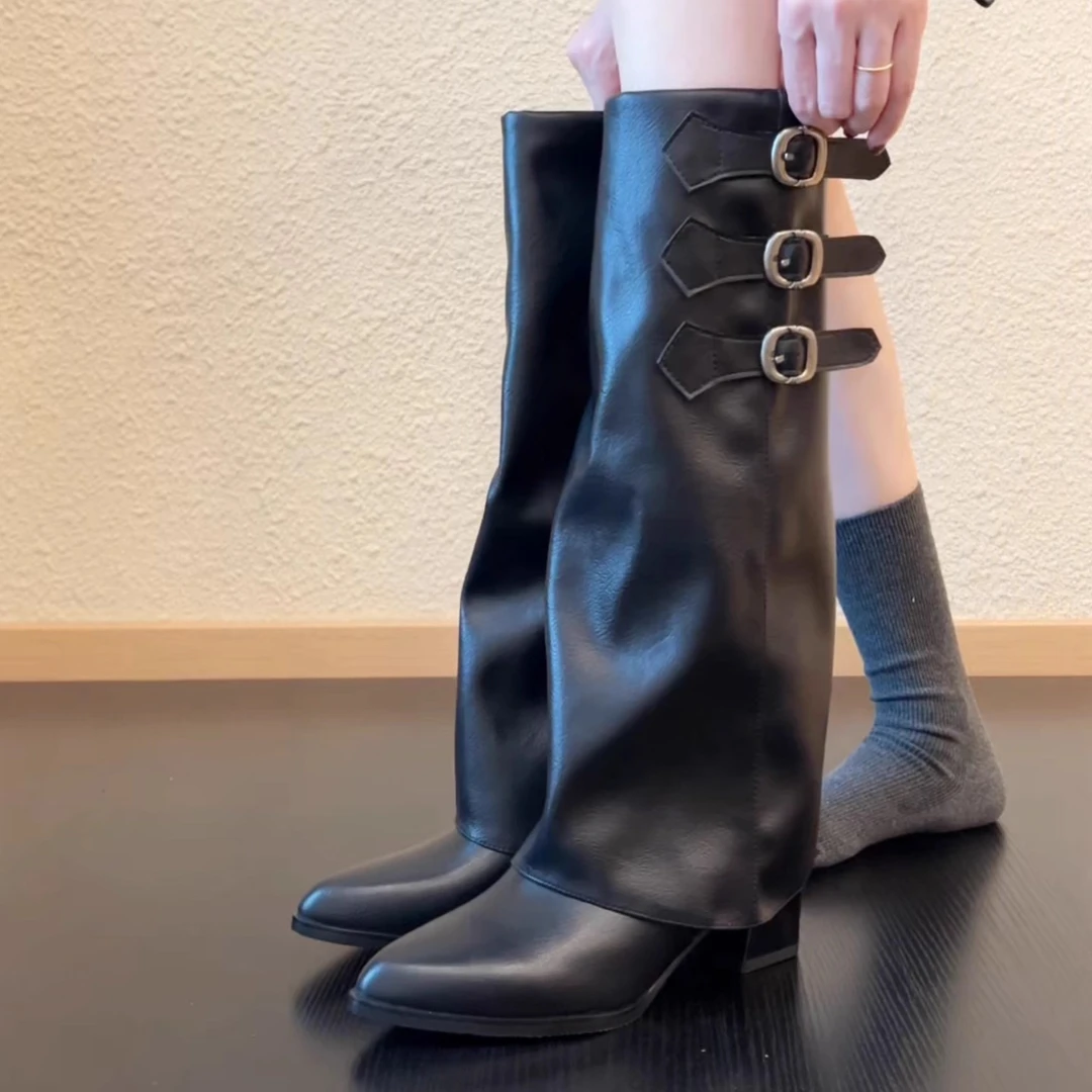 Pokoy-5.5cm皮带扣女时尚气质秋冬长筒靴显瘦