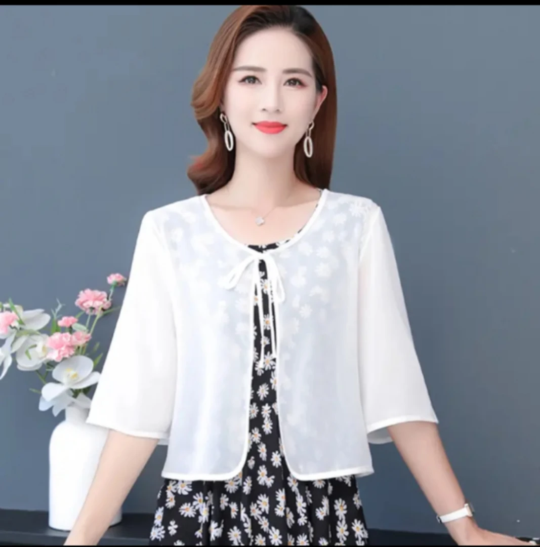 夏季新款宽松短外披薄款纯色百搭防晒开衫系带七分袖小披肩