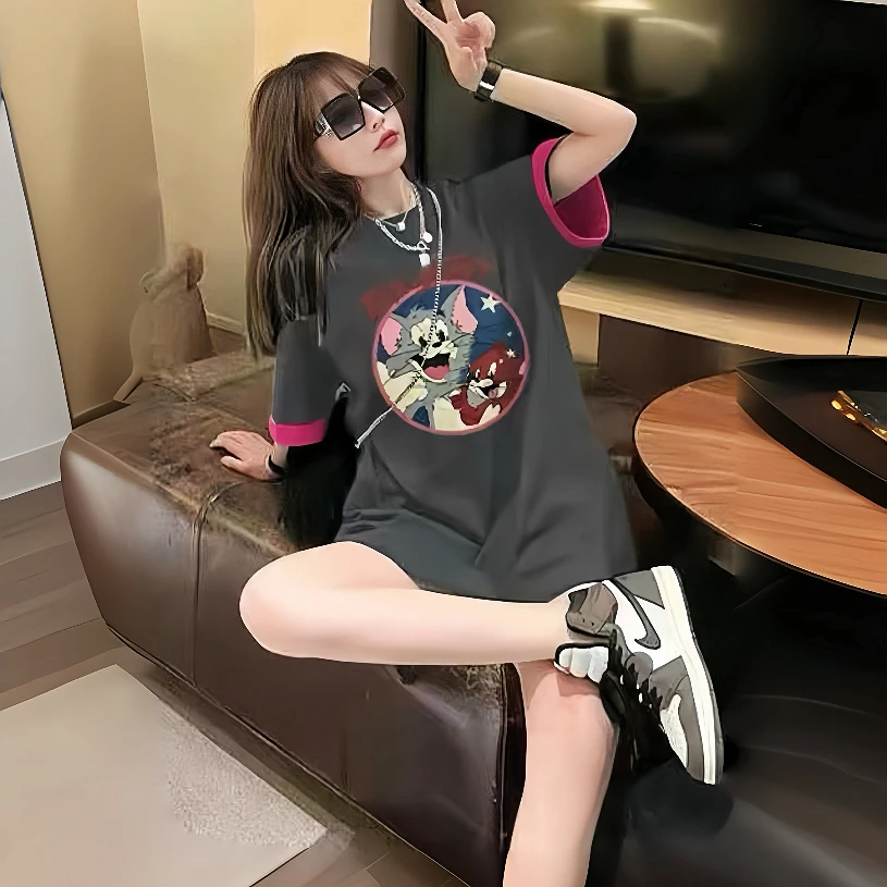 589夏季中长款宽松精梳棉外穿短袖T显瘦卷边撞色自带复古运动感