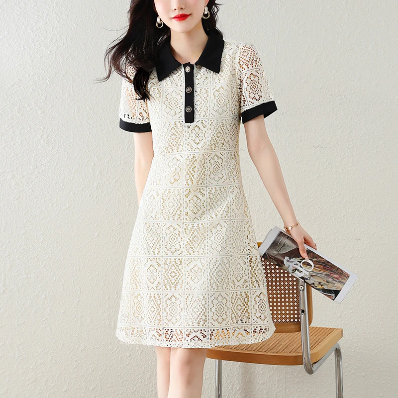 DUCURNO高级感撞色连衣裙女夏季2025新款蕾丝减龄轻奢宽松洋气裙