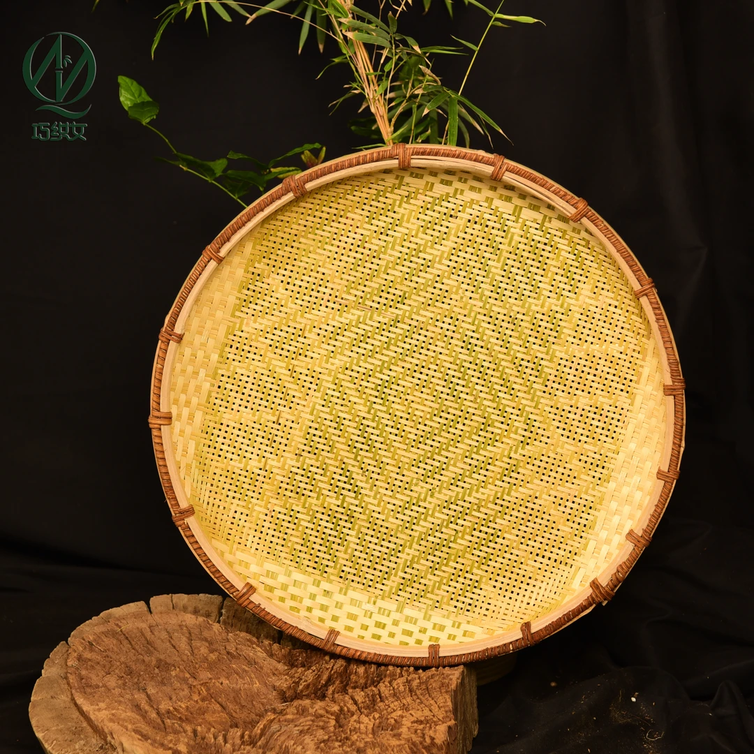 红藤筛茶点晾晒托盘油菜籽筛农家用圆形竹盘有孔装饰米筛子竹编