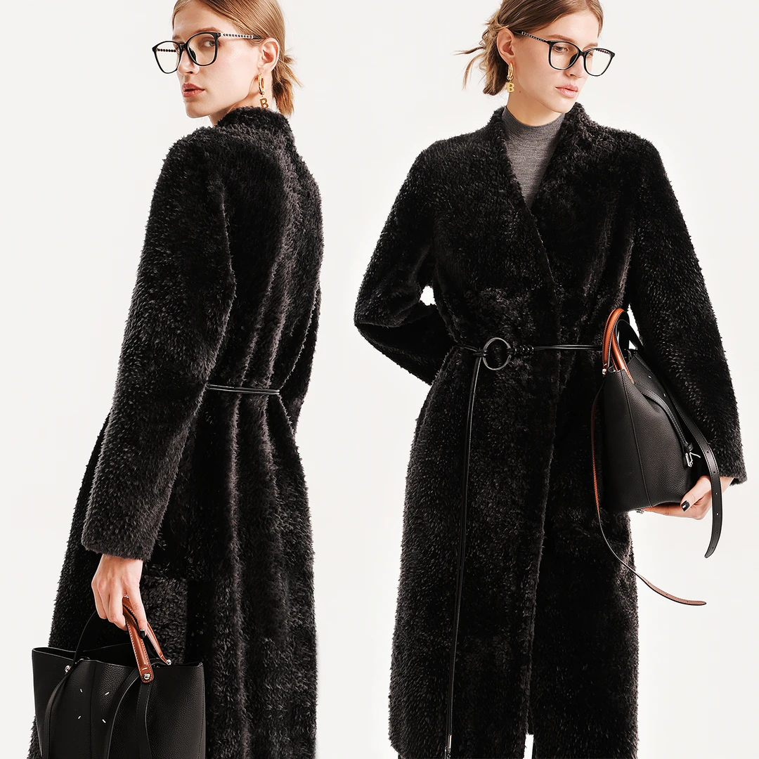 进口西班牙拉贡皮毛一体大衣长款女士修身轻奢皮草外套气质石墨灰