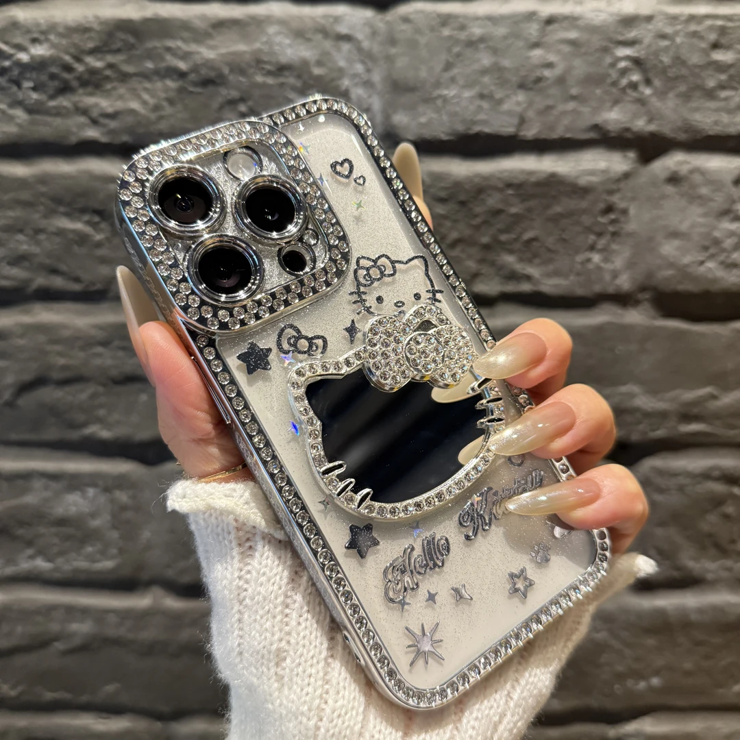高级感满钻猫咪镜子适用苹果16promax手机壳iPhone15时尚14轻奢13