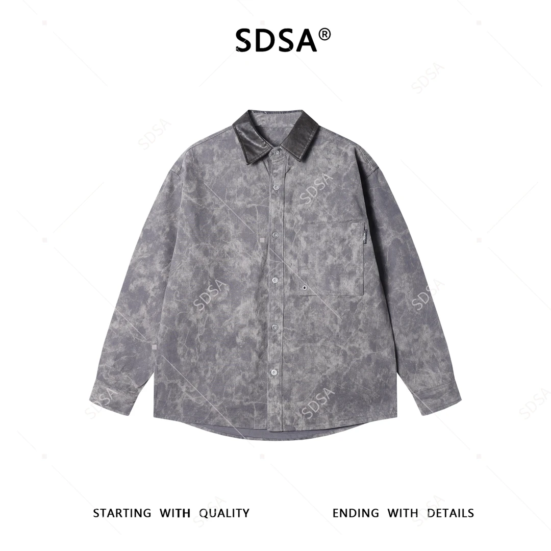 SDSA男士秋冬新款痞帅男装韩版扎染拼接翻领休闲长袖衬衫百搭衬衣