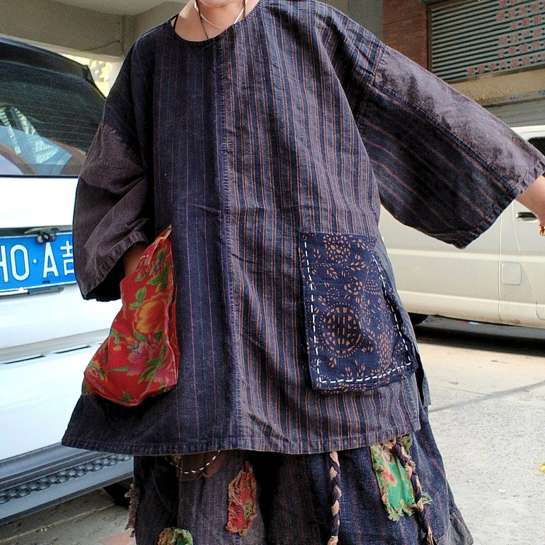 无吊牌炒色做旧宽松红花兰花口袋圆领衫直播间自选条纹