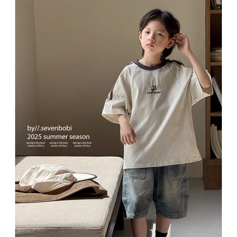 【现货】男童t恤2025夏季新款儿童拼接短袖中大童韩版上衣运动