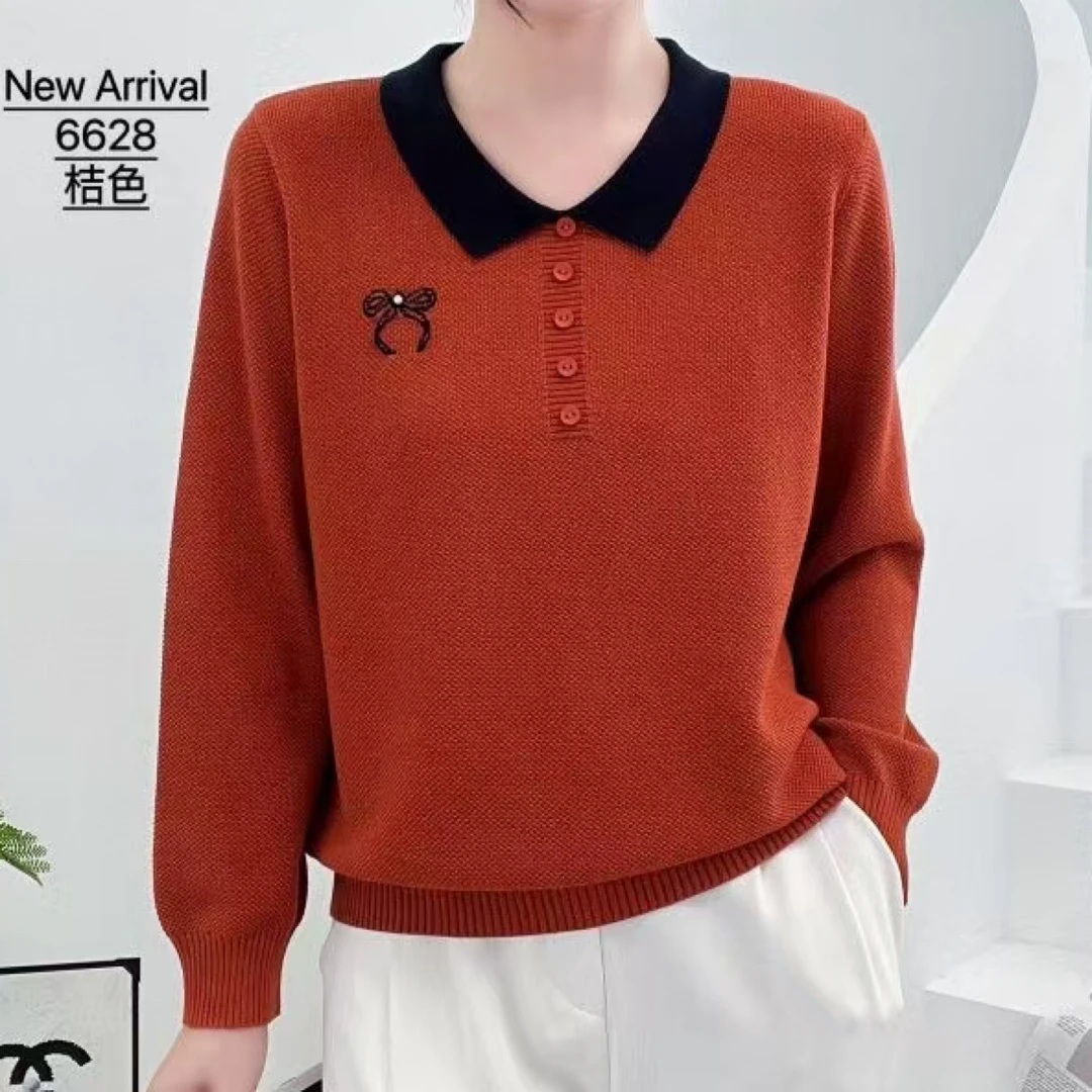POLO领撞色刺绣中老年女装宽松显瘦秋冬打底针织衫