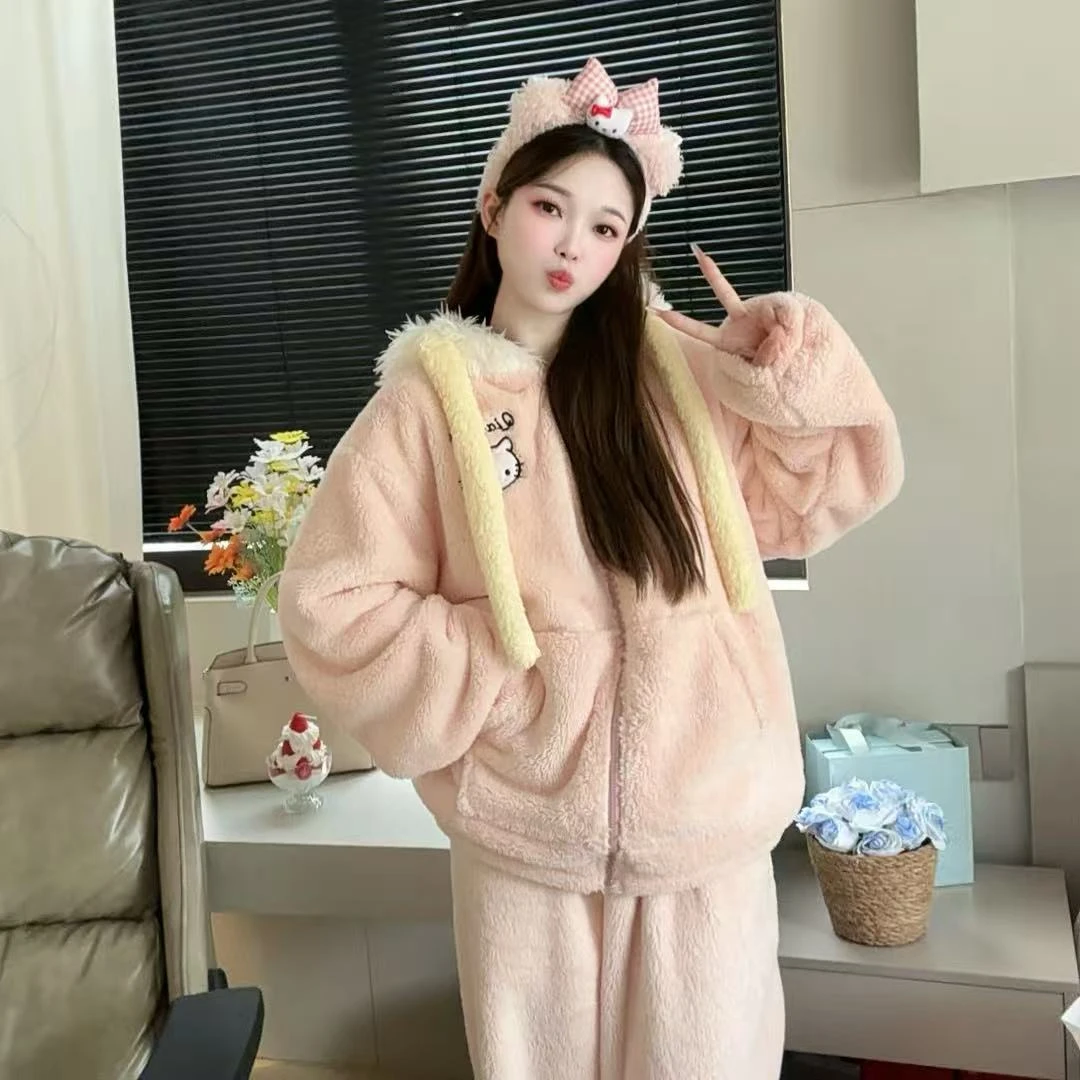 【乔娜原创】Kitty加绒加厚睡衣女冬季连帽保暖雪花绒家居服套装
