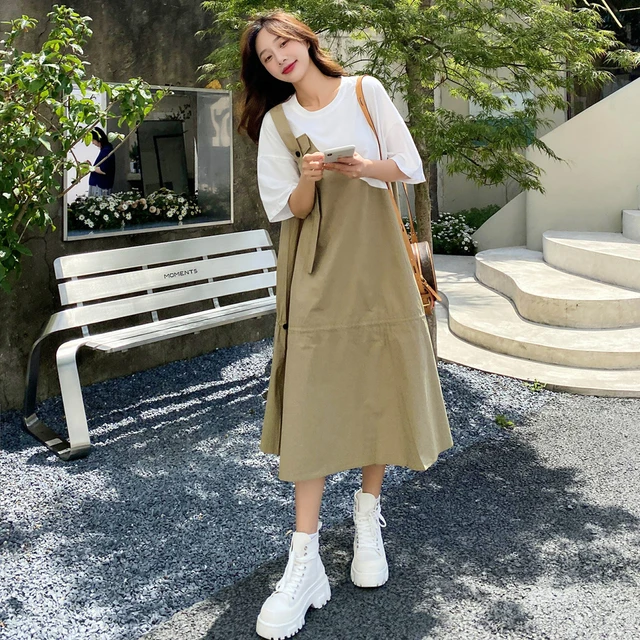 假两件拼接工装背带连衣裙女夏季中长款2025新款宽松休闲鱼尾裙子