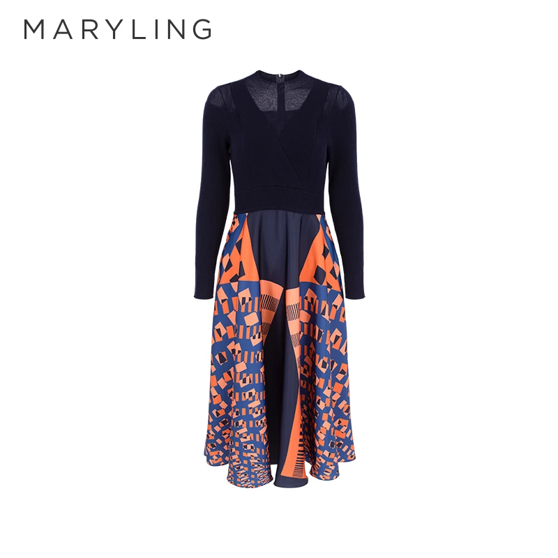 MARYLING玛俪琳秋冬复古气质橙蓝几花印花针梭连衣裙A1EHW62680