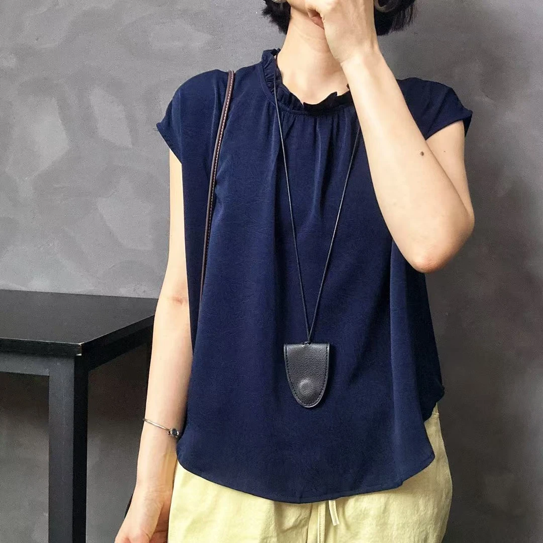 【FH】1888夏季花边领后背小扣凉爽小衫气质时尚百搭宽松无袖设计师