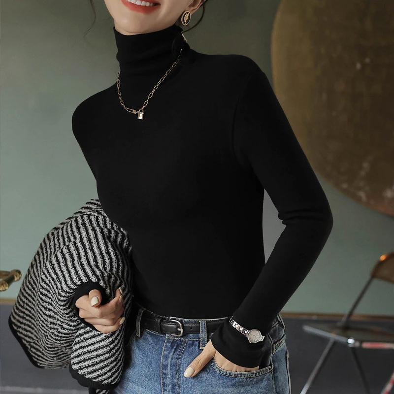女士黑色秋冬打底衫领打底衫女内搭秋冬加绒2024新款磨毛修身上衣