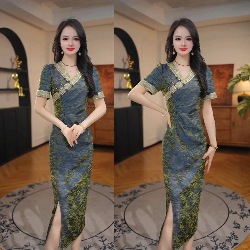 【蓝金波纹】2025年夏季新款旗袍连衣裙气质高贵轻奢高端不挑人