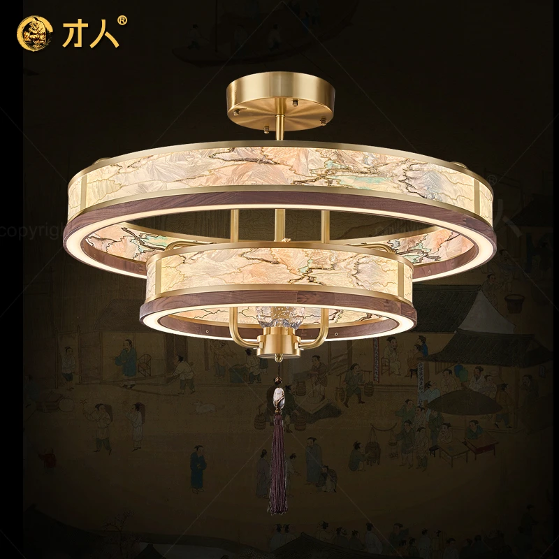 才人新中式全铜吊灯宋式珐琅彩圆形客厅圈圈灯创意灯饰家用餐厅灯