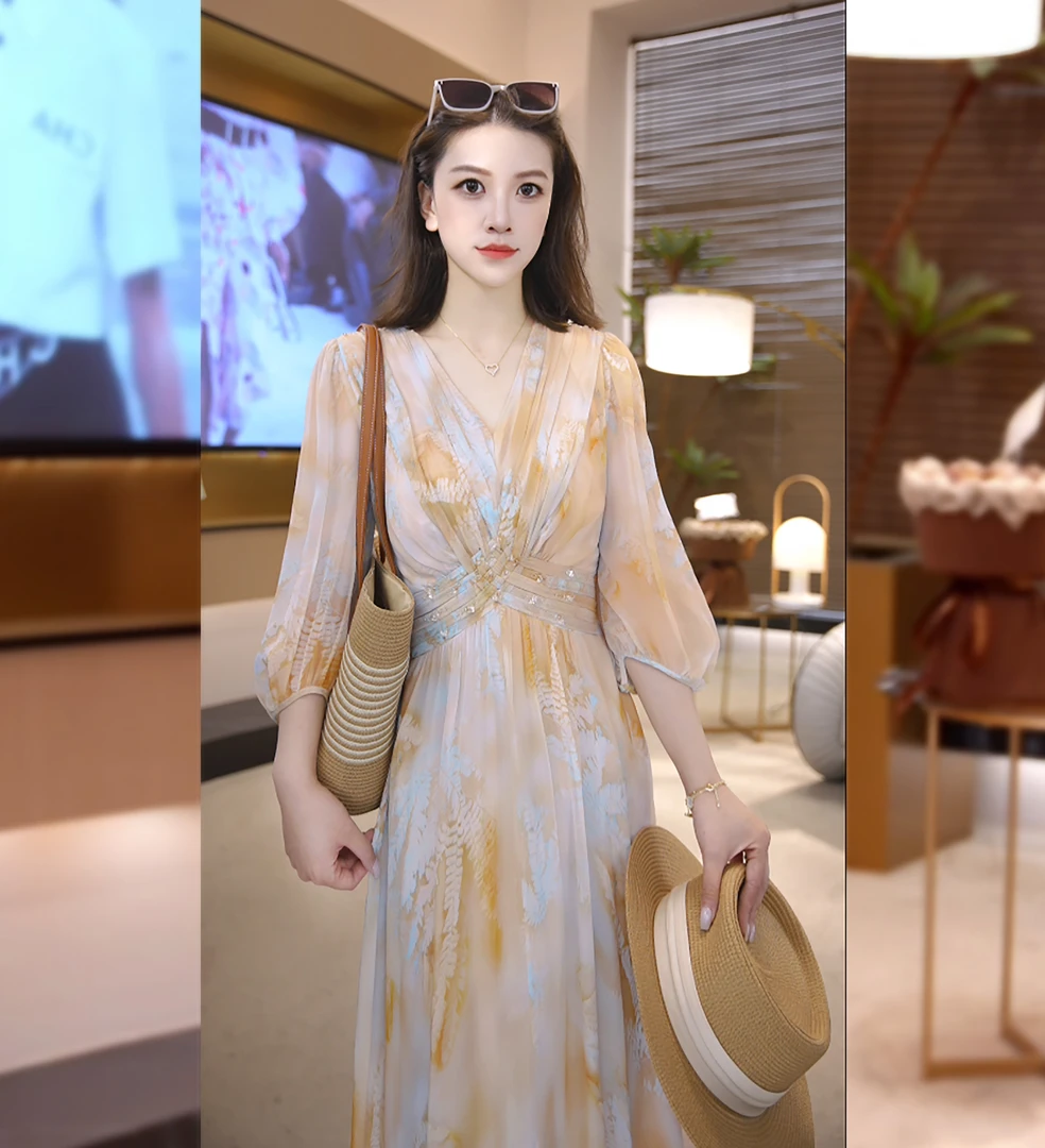 UNIQUE U:US【时光清浅】海岛度假风扎染打揽钉珠透气连衣裙252003