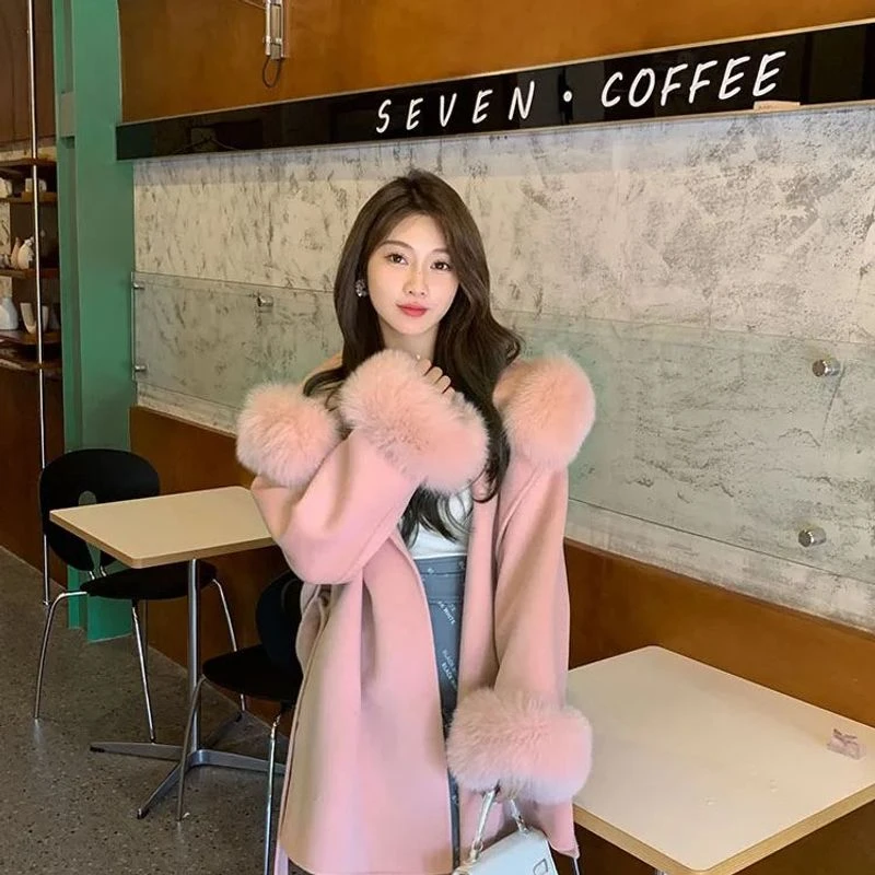 纯色大毛领毛呢外套女士冬季新款连帽毛毛袖短款呢子斗篷大衣气质