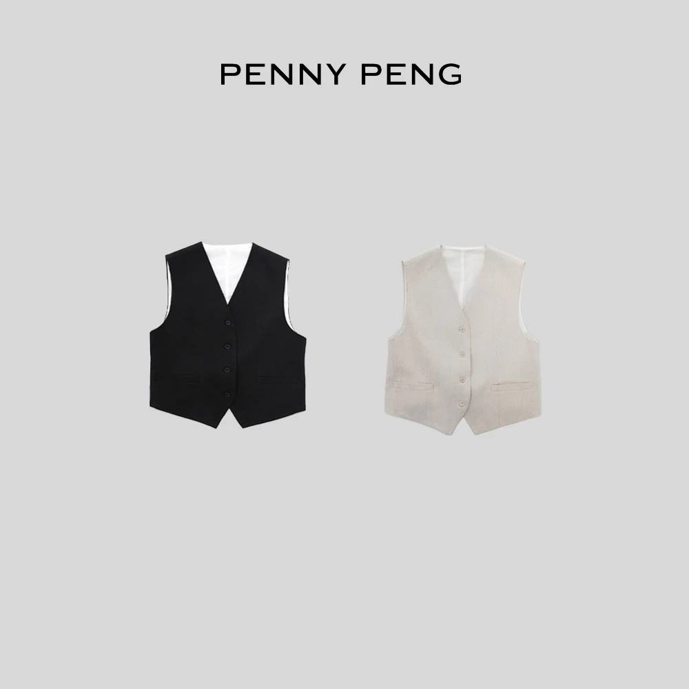 PENNYPENG时代新秀早春气质宽松简约百搭两色时尚经典V领短款马甲