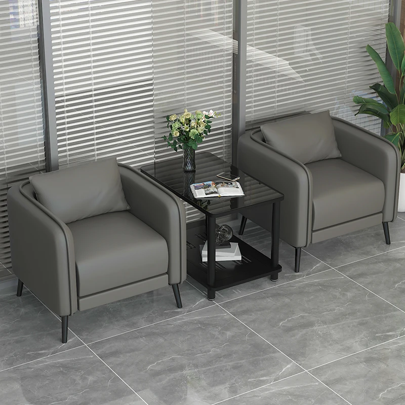 办公室单人沙发茶几组合接待皮艺售楼处会客区洽谈铁艺边几小沙发