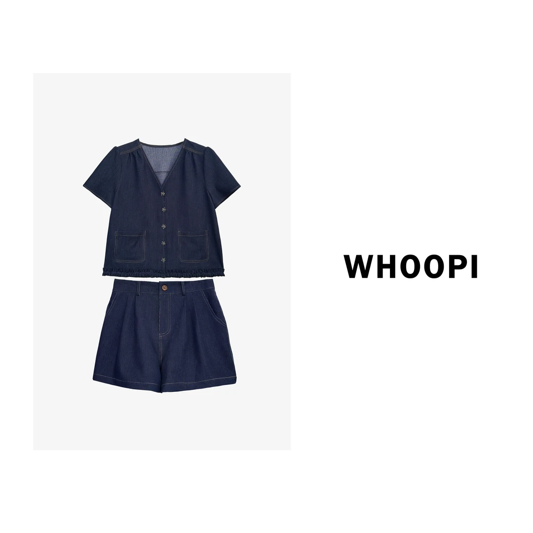 【Whoopi】【仲夏单宁】丹宁色轻薄仿牛仔上衣短裤套装