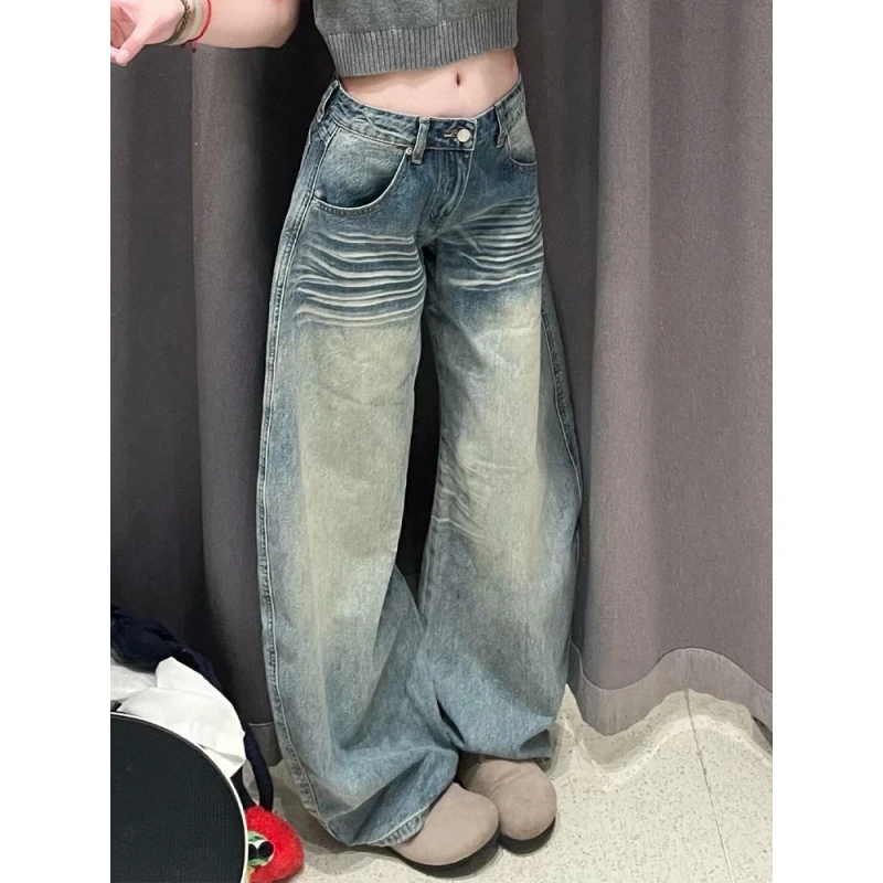 高个子加长版美式复古水洗蓝色牛仔裤女秋季不贴腿显瘦阔腿拖地裤