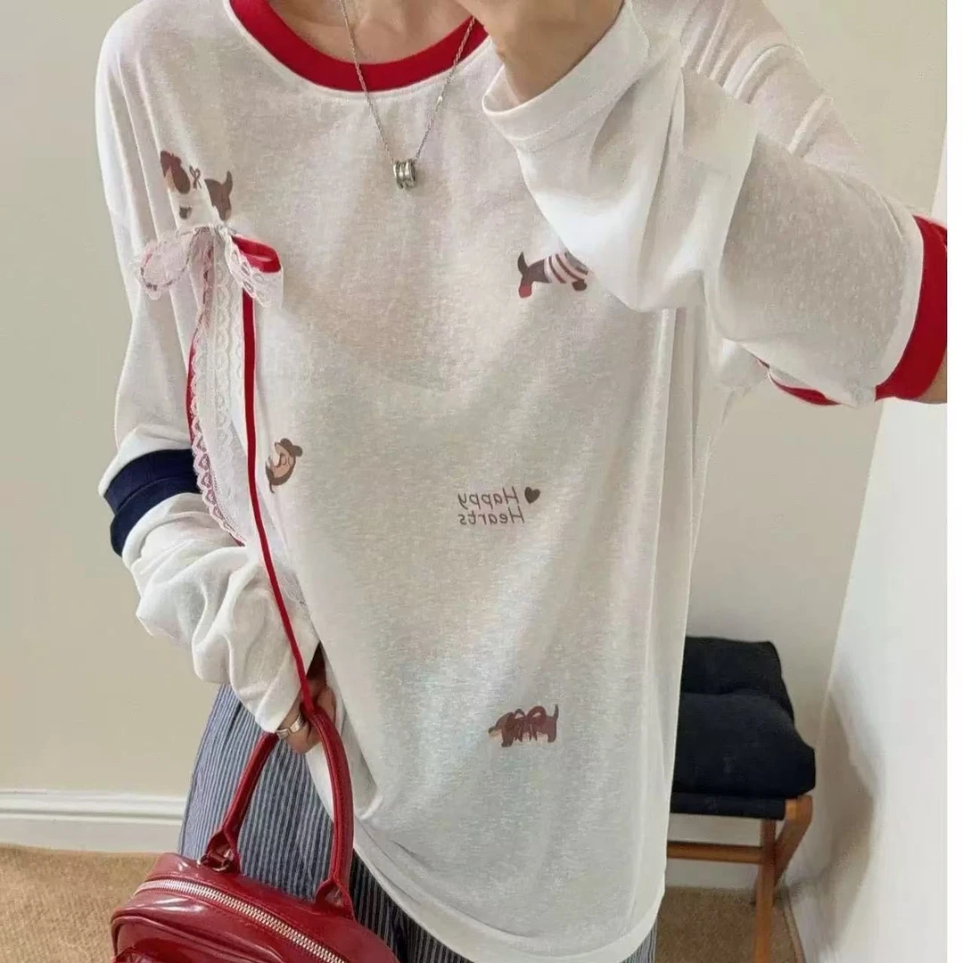 小雅姐姐 减龄蕾丝蝴蝶结腊肠狗撞色防晒T恤衫IY13