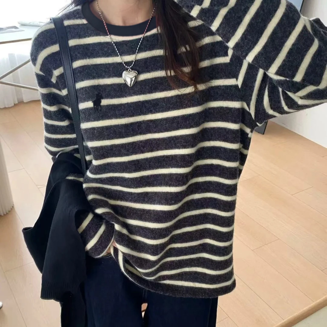 加绒「慵懒风」长袖-【男女同款】日系条纹秋冬保仿兔毛绒软懦感24239