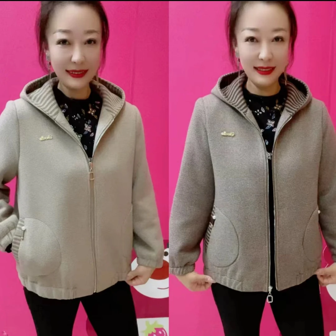 中年妈妈春秋连帽短款气质宽松洋气外套